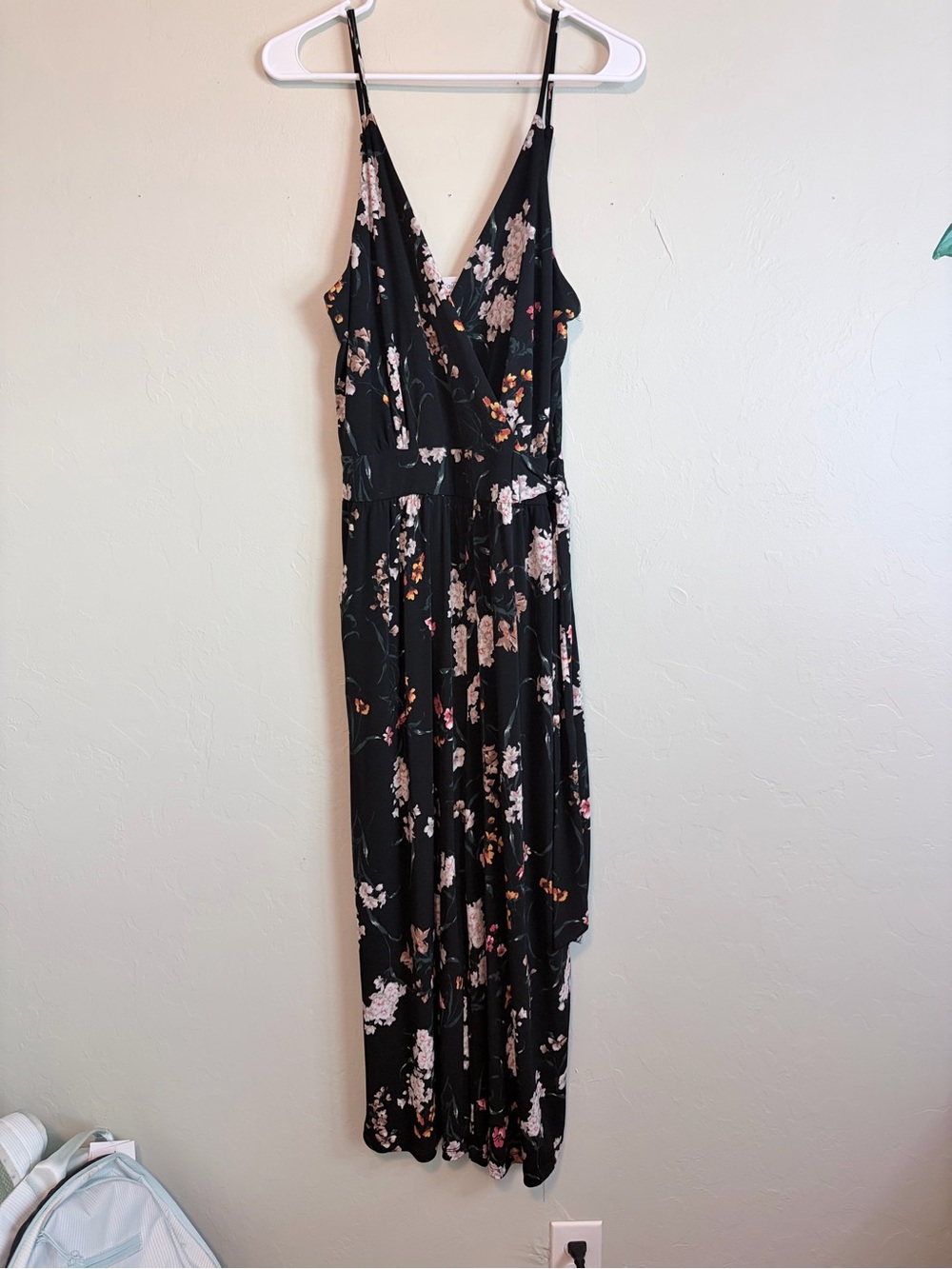 Kaileigh Black Floral Wrap Jumpsuit with Spaghetti Straps